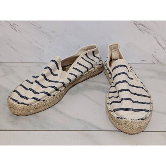 J. Crew Women's Blue & White Striped Canvas Loader Rope Sole Flat Shoes Size 8 - Picture 1 of 6